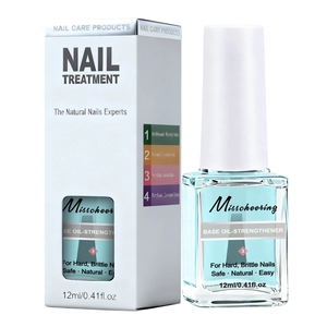 Professional 12ml nail base oil strengthener in a clear glass bottle with packaging box