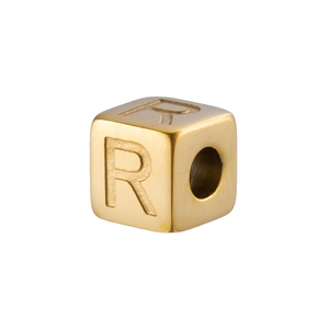 Macro shot of 14K gold plated square letter R bead with polished metal finish