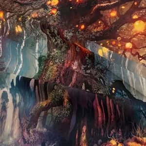 Bohemian forest tapestry featuring a mystic ancient tree with glowing lanterns on fabric