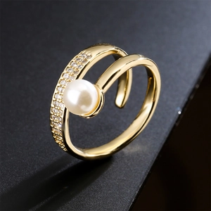 Elegant Artificial Pearl Open Ring Copper 18K Gold Plated Micro Set Zircon Geometric Adjustable Jewelry For Women