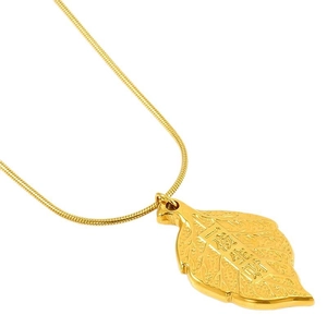 Minimalist gold-plated leaf pendant necklace with Arabic engraving on a sleek snake chain