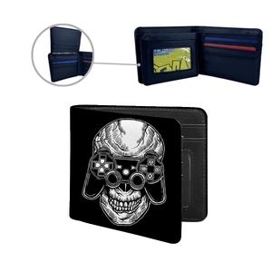 Black PU leather bifold wallet with skull gamer print featuring multiple card slots