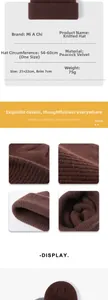 Detail view of brown peacock velvet knitted beanie with 54-60cm size and weight specs