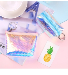 Mini porte-monnaie à écailles de poisson irisées avec fermeture éclair et porte-clés