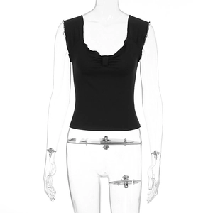 Macro detail of sexy black slim-fit tank top featuring U-neck and pleated chest design