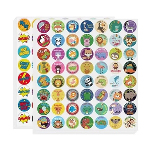 Colorful animal reward stickers for kids featuring motivational English phrases on white sheets