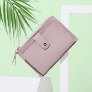 Minimalist lavender PU leather short wallet for women on decorative white stone