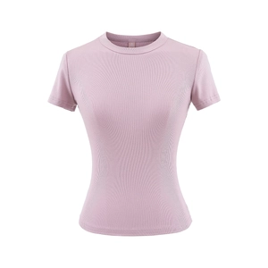 T-shirt ajusté en maille côtelée pour femmes avec col rond de couleur rose mauve