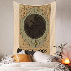 Bohemian Tarot tapestry with sleeping black cat moon design for bedroom wall decor