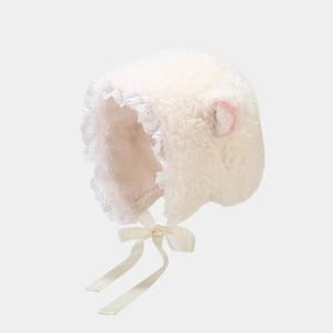 Cute white plush earflap hat for kids with lace trim and ribbon ties for autumn winter