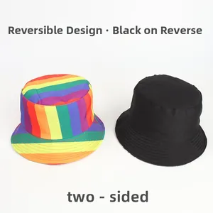 Detail of reversible bucket hat showing colorful rainbow stripes and solid black lining side