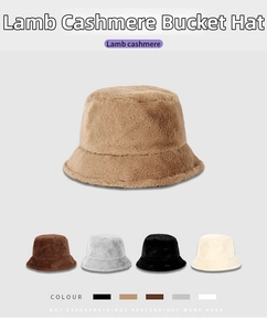 Detailed palette of faux rabbit fur bucket hats in five warm autumn and winter colors