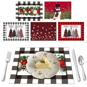 Christmas Placemats Faux Linen Polyester Heat Resistant Buffalo Plaid Holiday Dining Table Decor