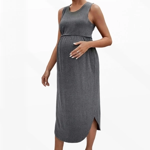 Elegant sleeveless dark grey maternity dress with high waist and side slit detail