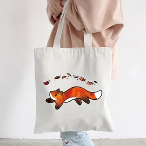 Large white canvas tote bag with orange fox and red leaves print for daily shopping