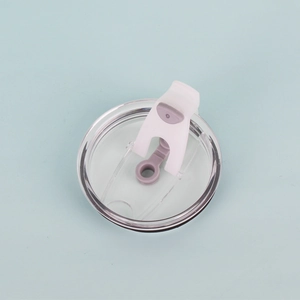 Macro view of transparent leak-proof lid with white flip buckle for coffee tumblers