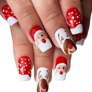 Christmas press-on nails featuring Santa Claus, reindeer, and glitter dots in festive red
