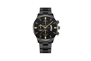 Detail of black quartz watch face with golden indices, three chronographs, and calendar