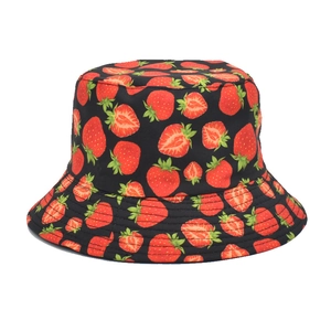Bob Double Face Coton Imprimé Fraise Protection Solaire Respirant Été Extérieur Voyage Chapeau De Plage Décontracté