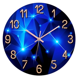 30CM modern round glass wall clock with blue geometric pattern and silent quartz movement