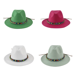 Flat brim felt fedora hat in four colors with bohemian colorful beaded ethnic style band