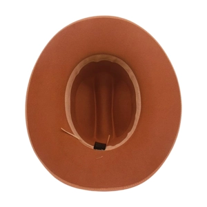 Top view of brown wide-brim fedora hat showing inner lining and sweatband detail