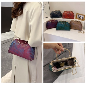 Detailed views of vintage embossed leather frame bags with metal handles and chain straps
