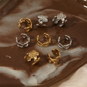 Polished stainless steel flower and hollow heart ear cuffs set in gold and silver finish