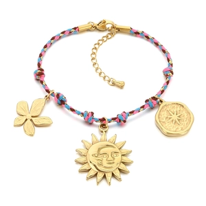 Bohemian hand-woven colorful rope bracelet with golden sun and heart charms