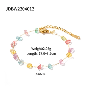 Detailed view of colorful natural stone beads on a gold chain with length measurements