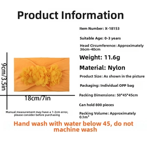 Detailed size chart for orange nylon chiffon flower baby headband for ages 0-3