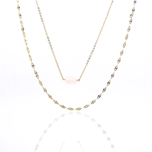 Detail of double-layer titanium necklace with pink raw stone pendant and gold lip chain