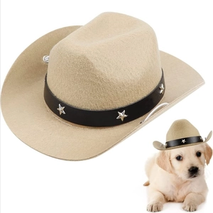 Beige cowboy hat for pets with star metal studs and faux leather strap on white background