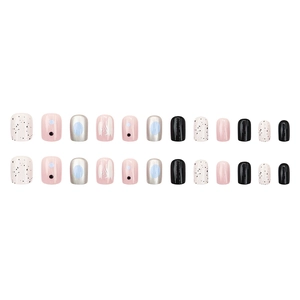 24pcs set of pink and black press-on nails with blue dots and ink splash patterns