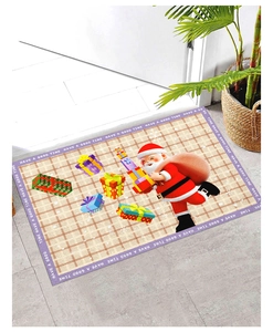 Detail of Christmas Santa floor mat with colorful gift boxes and non-slip plaid texture