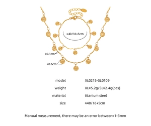 Detailed size specifications for gold titanium steel sun flower necklace and bracelet set