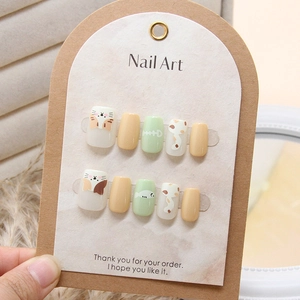 Handmade Press On Nails Cute Cartoon Cat Fish Bone Pattern Short Square Sweet Style Glossy False Nails For Women