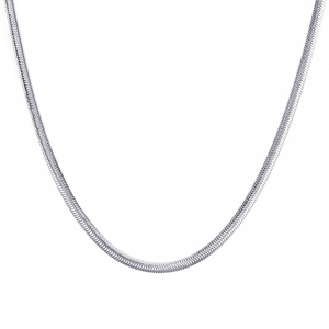 Detailed view of silver titanium steel snake bone chain with polished woven texture