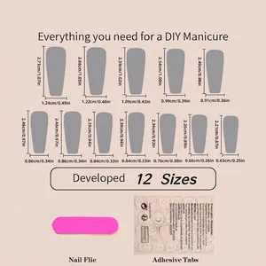 Size chart for long coffin matte white press-on nails with nail file and adhesive tabs