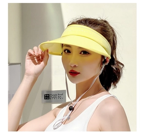 Detail of yellow wide brim sun visor with adjustable windproof drawstring for women