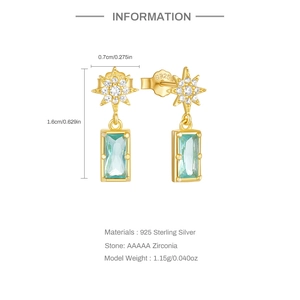Detail view of S925 stamped silver star earrings with light blue rectangular zircon