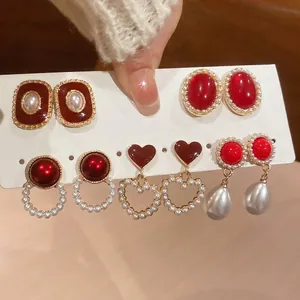Lot de 5 paires de boucles d'oreilles vintage cœur rouge et perle pour femme