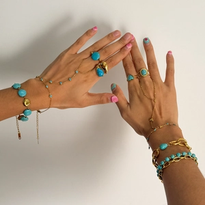 Bohemian gold stainless steel bracelet and turquoise ring set for women's jewelry fashion