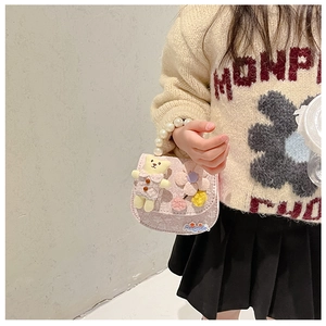 Pink lace crossbody bag for girls with pearl handle and cute teddy bear detail