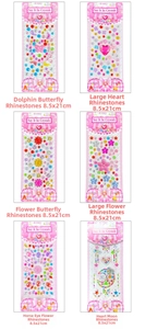Detail view of 6 colorful crystal 3D stickers for kids in 8.5x21cm card packaging