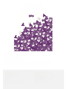 Close-up of Halloween confetti featuring purple BOO letters, witch hats and white ghosts