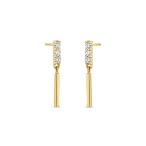 Detailed view of gold rectangle drop earrings with three inset white zircon stones