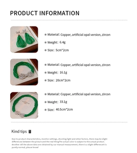 Detailed size and weight specs for green floral jewelry set with faux opal and zircon