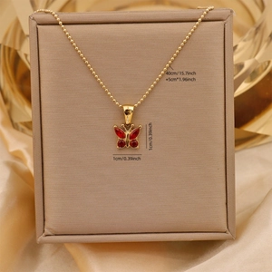 Vintage 18K gold plated stainless steel necklace with red zircon butterfly pendant