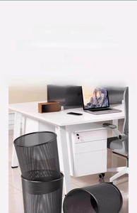 Modern black metal mesh wastebasket with reinforced rim for office and home use